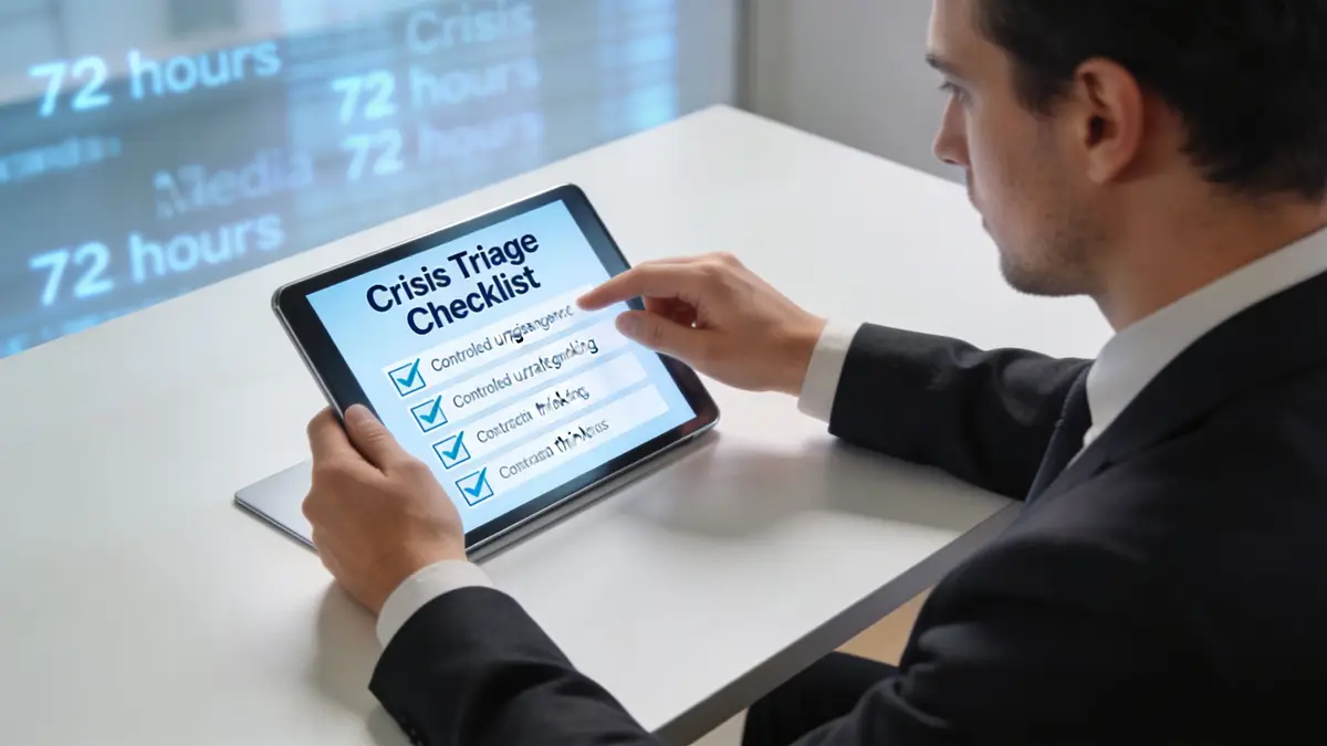 A professional man holding a tablet displaying a Crisis Triage Checklist in a modern office environment.