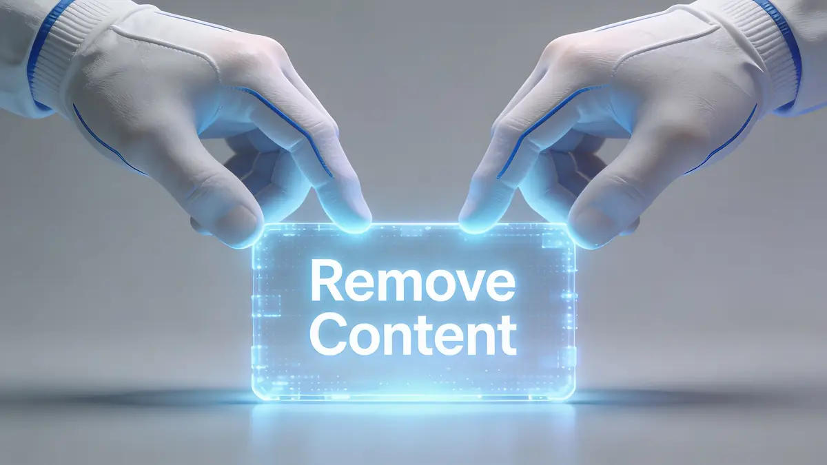 A digital interface featuring the words Remove Content held by robotic hands in a futuristic setting.