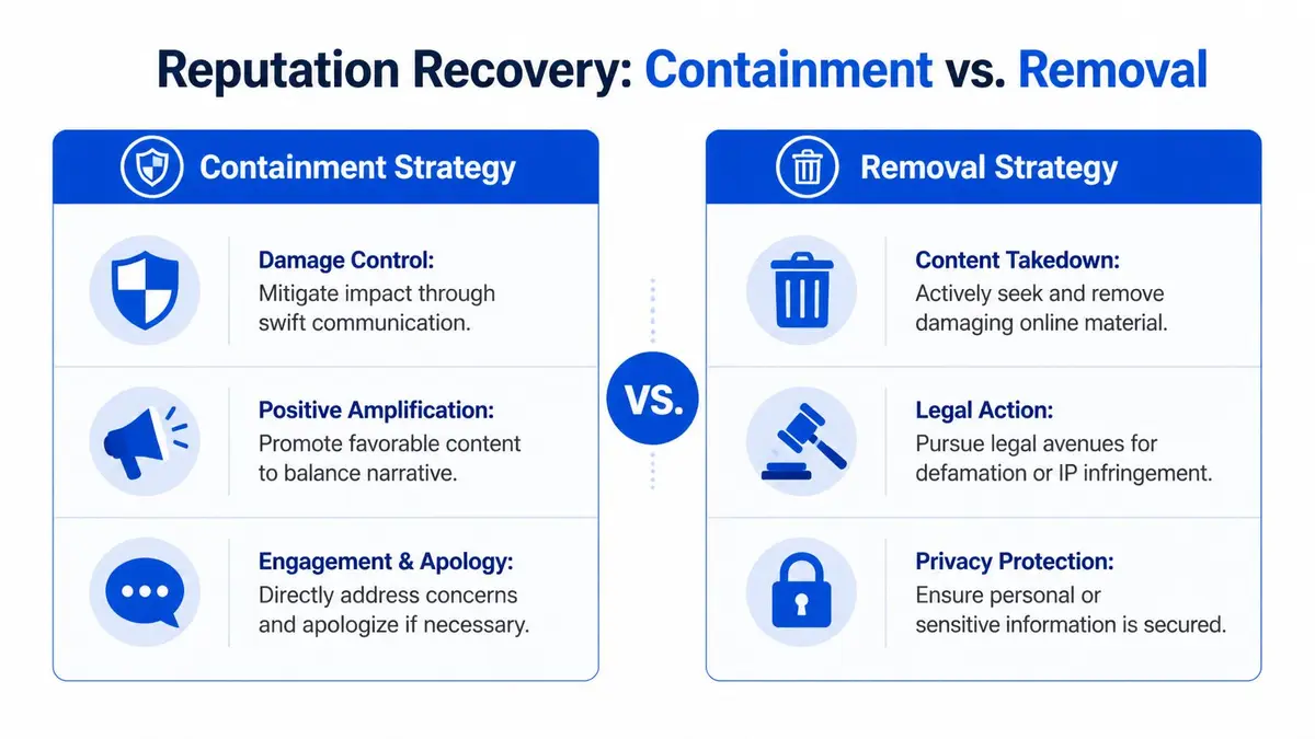 A comparison chart outlining Containment versus Removal strategies for effective reputation recovery management.