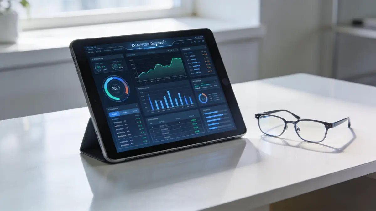 A digital tablet displaying complex business data charts sits on a clean white desk beside reading glasses.
