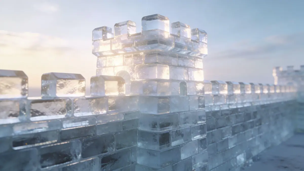 A close up view of an ice fortress wall glowing under the soft light of a setting sun.