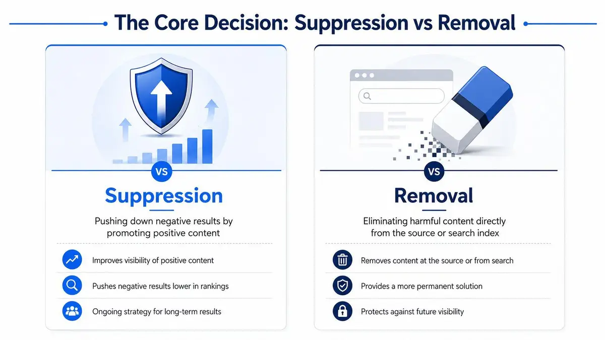 An infographic comparing suppression and removal strategies for managing harmful content in online search results.
