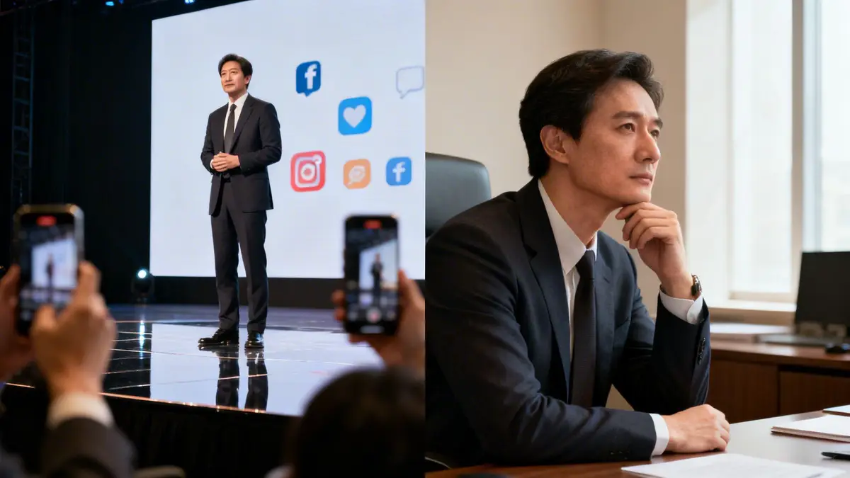 A businessman presenting on stage about social media and thoughtfully contemplating at his office desk.