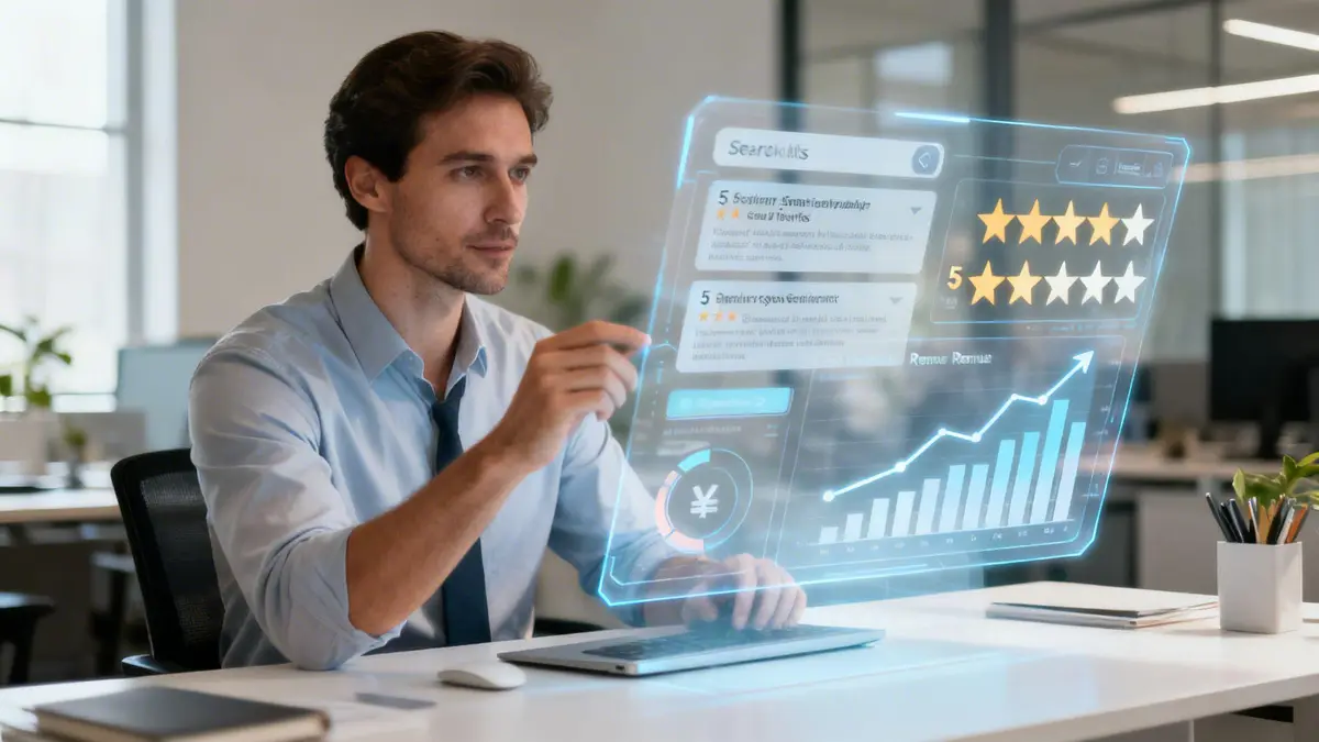 A man interacting with a futuristic holographic display showing business analytics, customer ratings, and revenue charts.