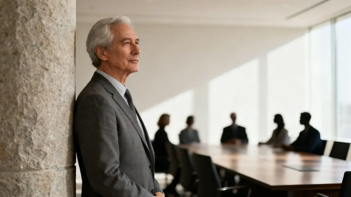 Mature businessman in a suit leaning against a pillar, contemplating in a modern office with blurred colleagues.