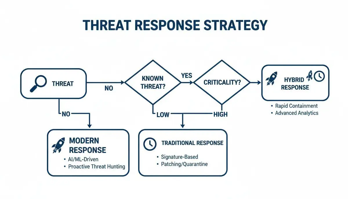 Diagram outlining a threat response strategy, differentiating between modern, traditional, and hybrid approaches.