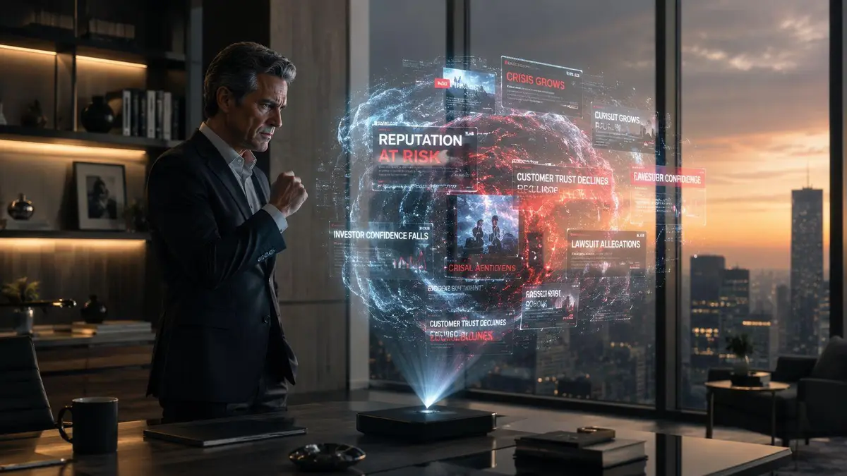 A concerned businessman analyzes a digital holographic display showing data about corporate reputation risk and crisis.