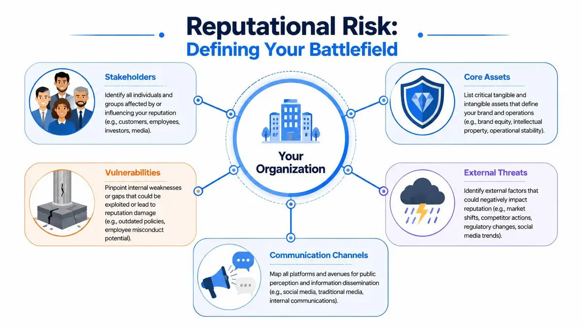 A diagram outlining the key components for a reputational risk assessment to protect your organization's brand identity.
