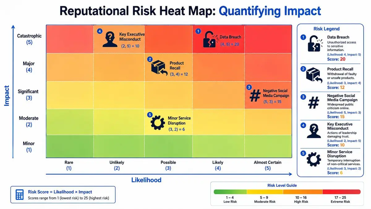 A risk heat map showing likelihood versus impact for various corporate reputational risks like data breaches.
