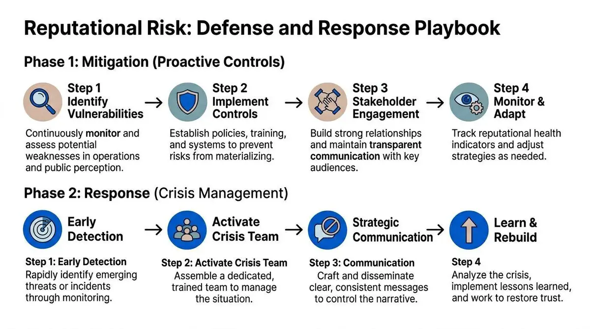 A diagram outlining a two-phase reputational risk defense and response playbook for managing corporate crisis situations.