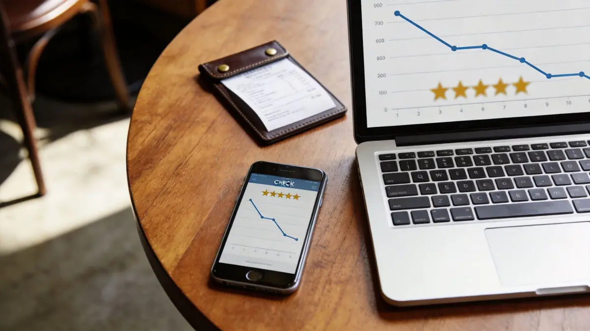 A laptop and smartphone displaying declining business ratings alongside a receipt on a wooden table.