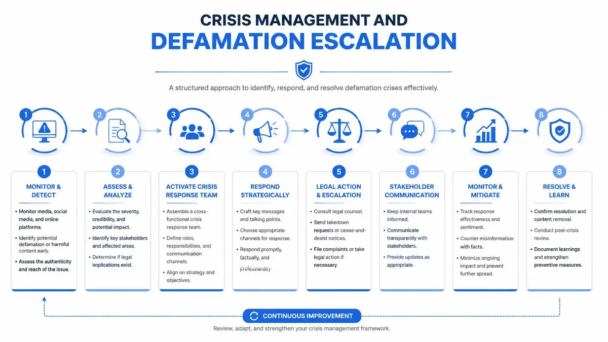 A structured flowchart illustrating an eight-step process for managing and escalating corporate defamation and crisis situations.