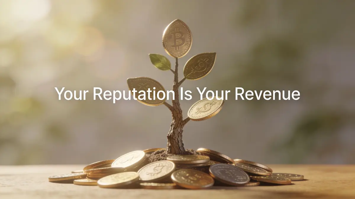 A small tree growing from a pile of gold coins with currency symbols representing financial growth and reputation.