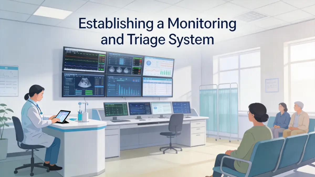 A medical professional monitoring digital patient health data in a modern hospital triage center waiting area.