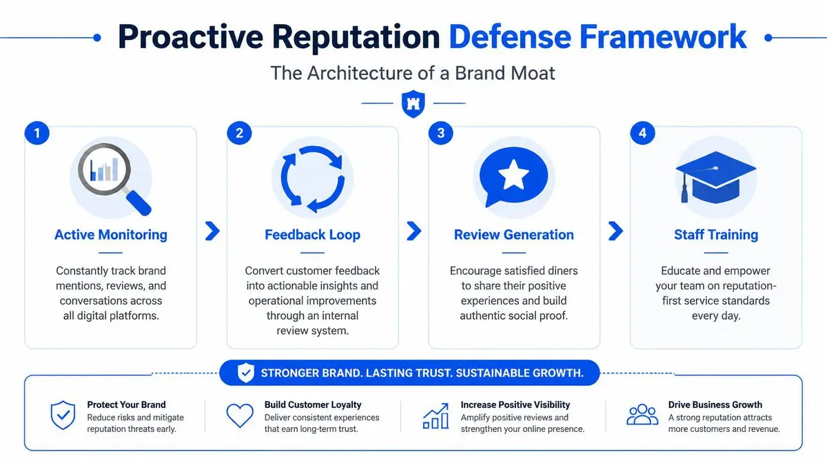 A diagram illustrating the four-step proactive reputation defense framework for restaurants to manage brand, feedback, reviews, and training.