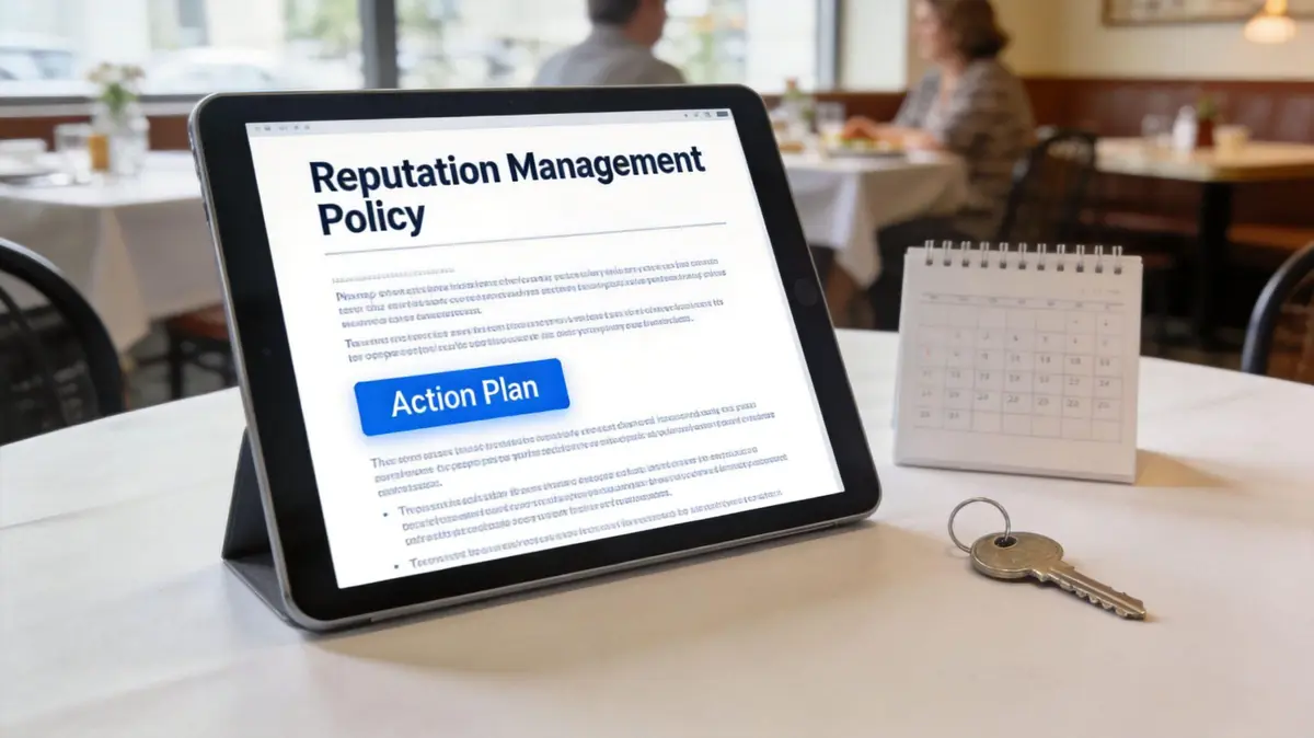 A digital tablet displaying a reputation management policy and action plan, placed on a restaurant dining table.