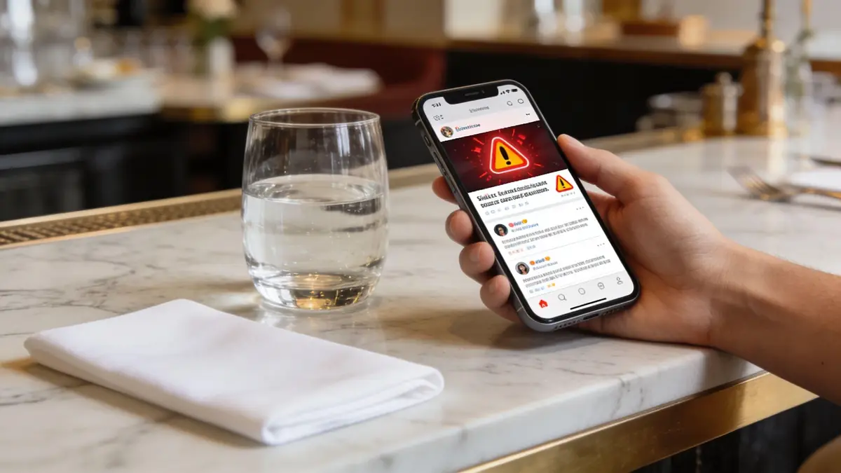 A person holding a smartphone showing a social media feed with a prominent red alert warning icon.