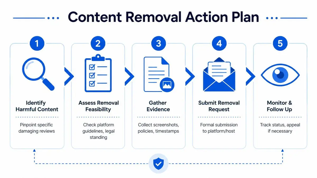 A flowchart showing a five-step content removal action plan for managing online reviews and harmful content.
