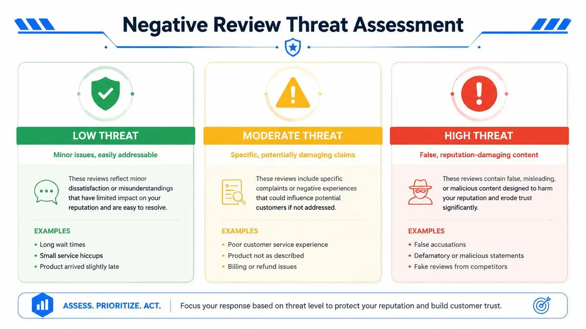 An infographic titled Negative Review Threat Assessment categorizing review severity into low, moderate, and high threat levels.