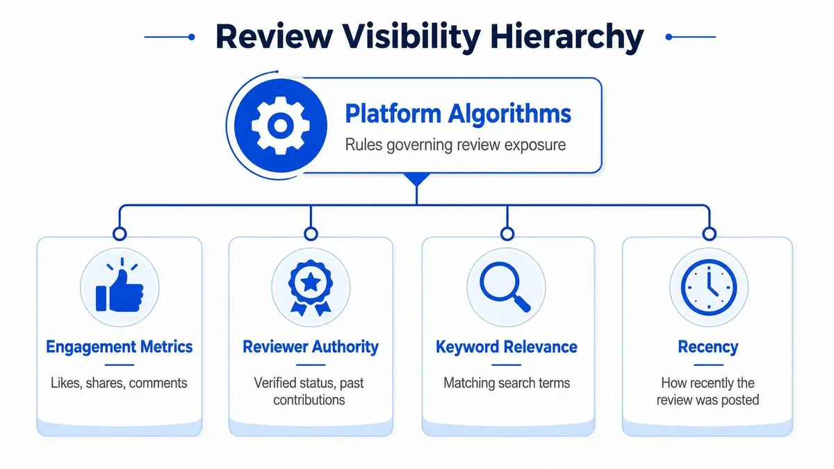 A diagram explaining the Review Visibility Hierarchy and factors influencing the ranking of online customer reviews.
