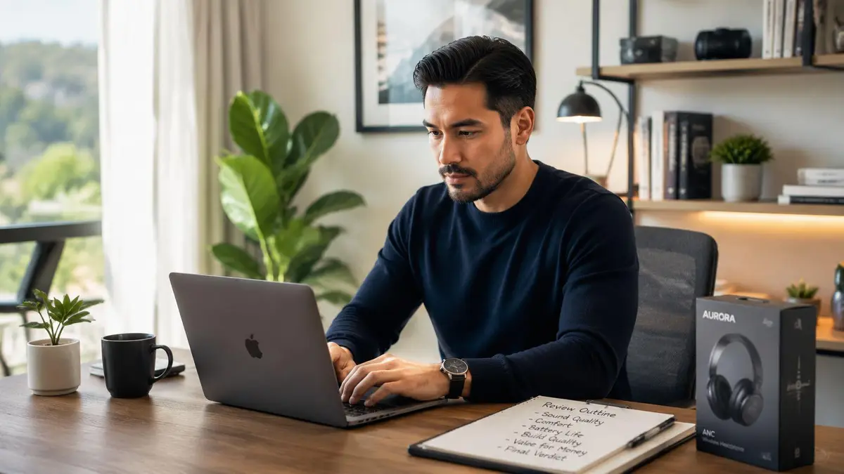 A man sits at a desk working on his laptop with an Aurora headphones review outline nearby.