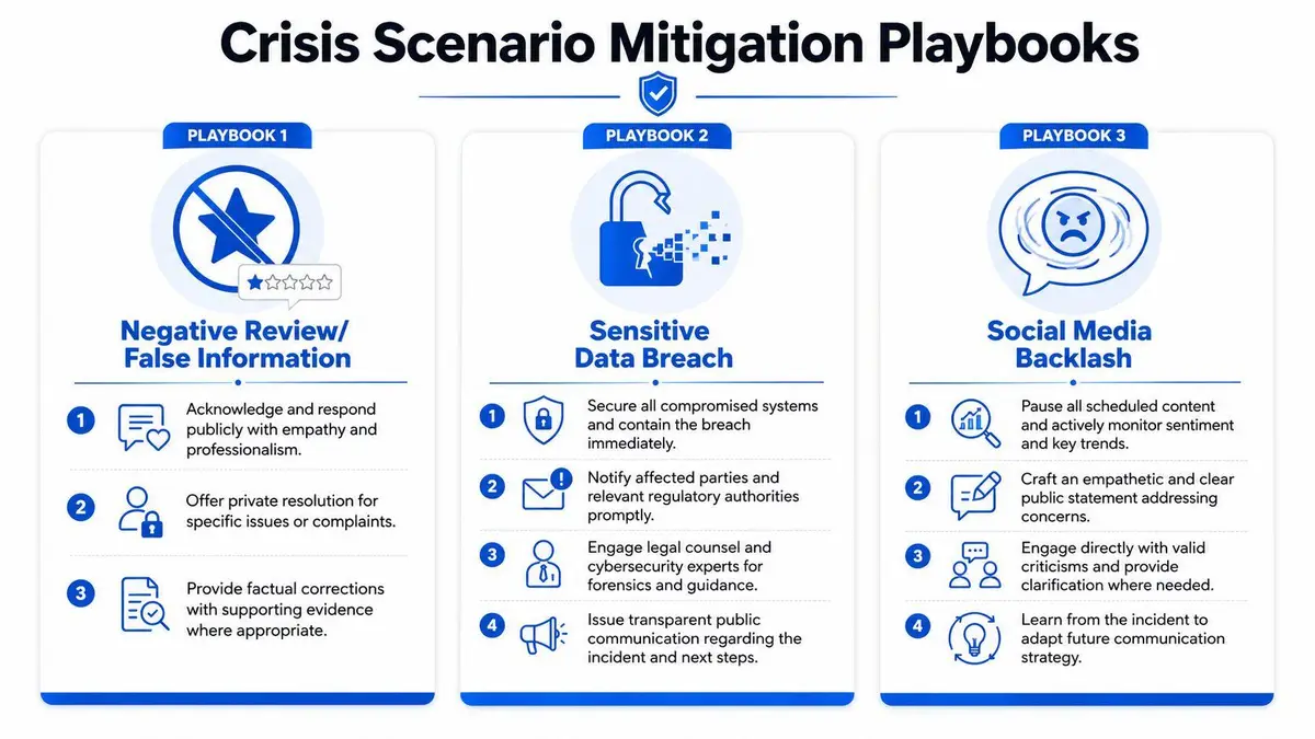 An infographic detailing crisis management playbooks for negative reviews, data breaches, and social media backlash scenarios.