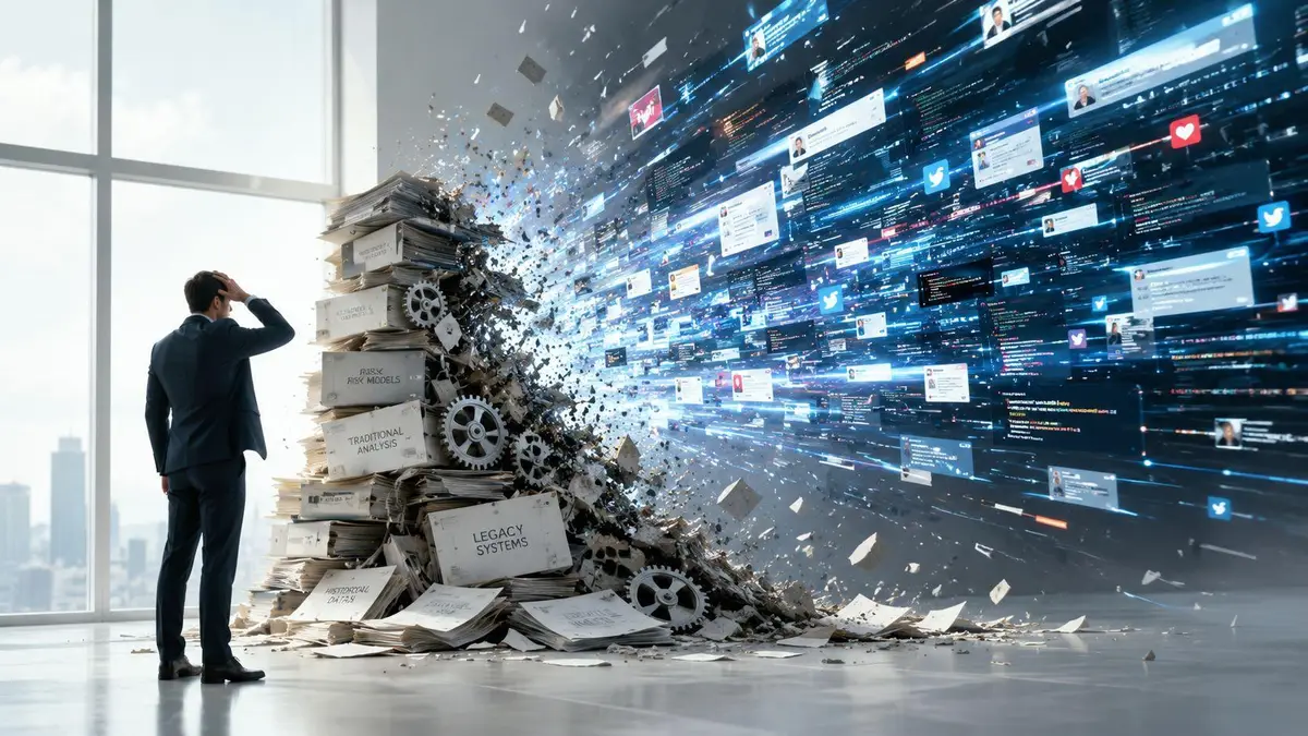A businessman looking at a massive pile of paper documents transforming into digital information and data.
