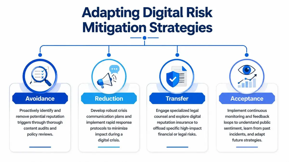 A diagram illustrating four digital risk mitigation strategies: avoidance, reduction, transfer, and acceptance.