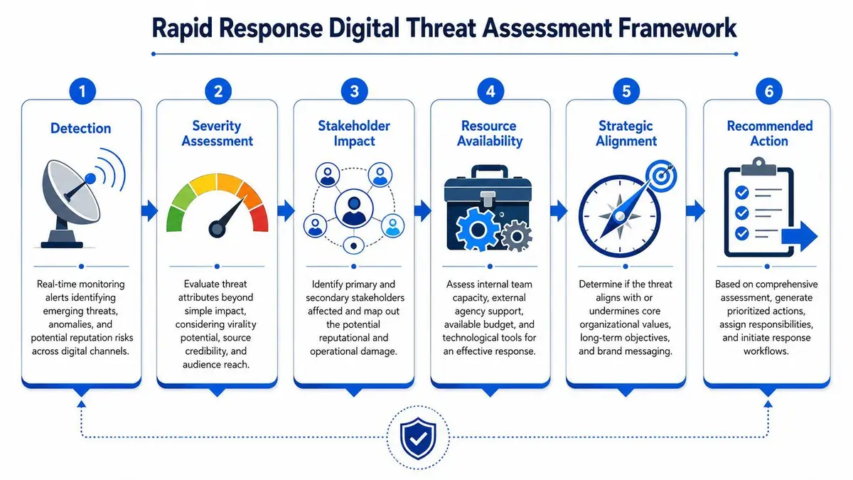 A diagram illustrating a six-step rapid response digital threat assessment framework for organizations.
