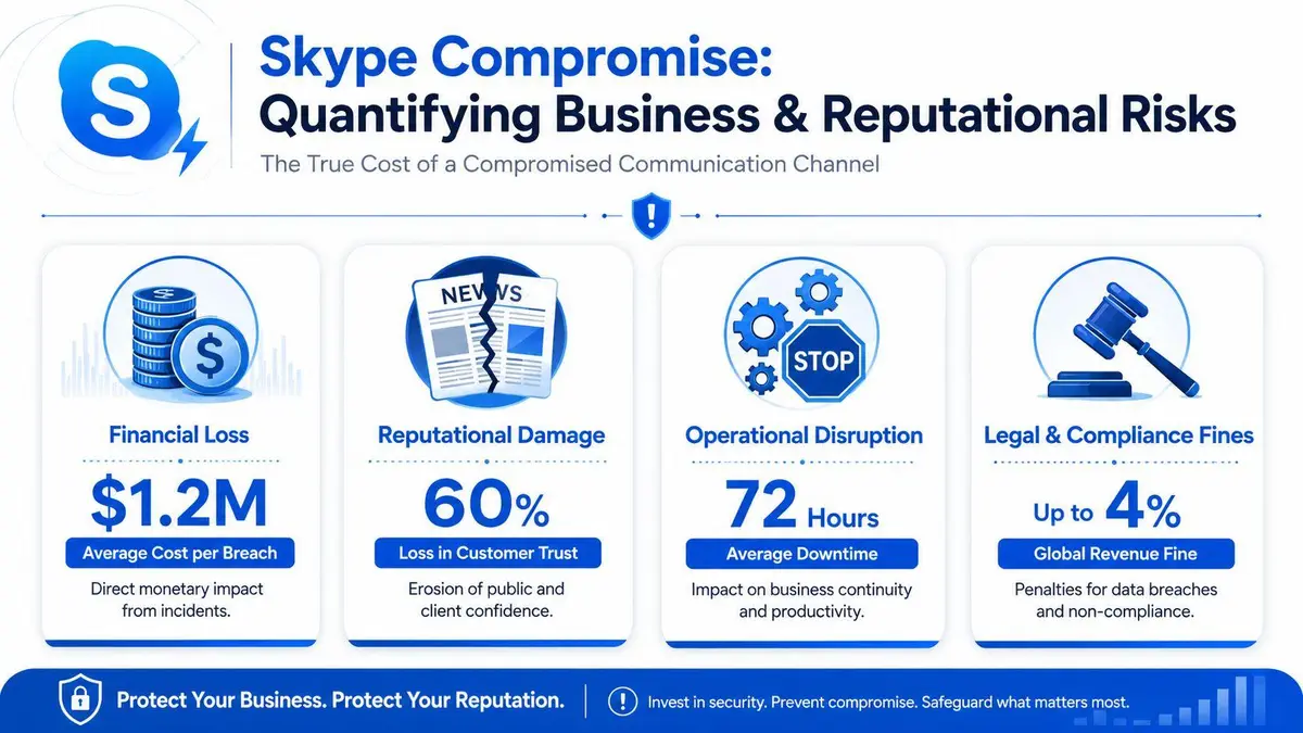 An infographic detailing the financial, reputational, operational, and legal risks associated with a compromised Skype business account.