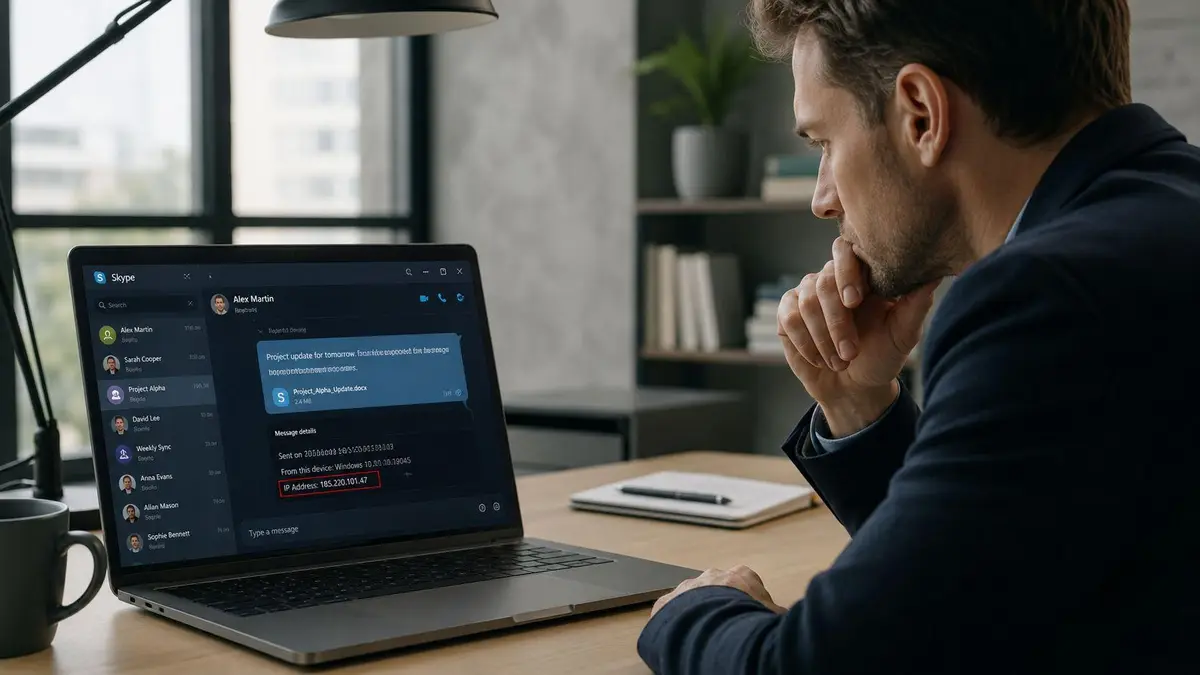 A businessman sits at a desk looking at a Skype message displaying a suspicious IP address.