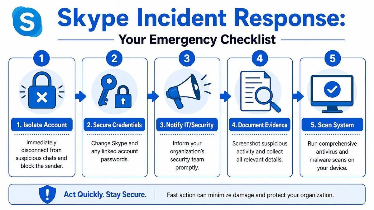 A five-step emergency checklist infographic guiding users on how to respond to security incidents on Skype.