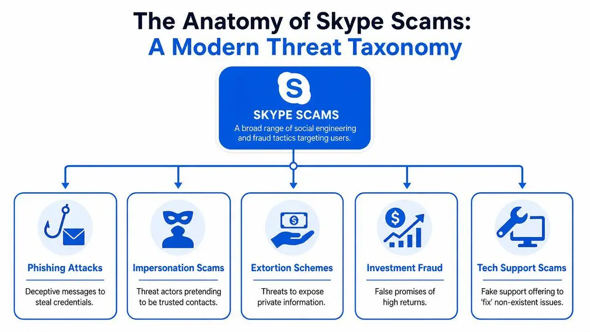 A diagram illustrating the anatomy of Skype scams including phishing, impersonation, extortion, investment fraud, and tech support.