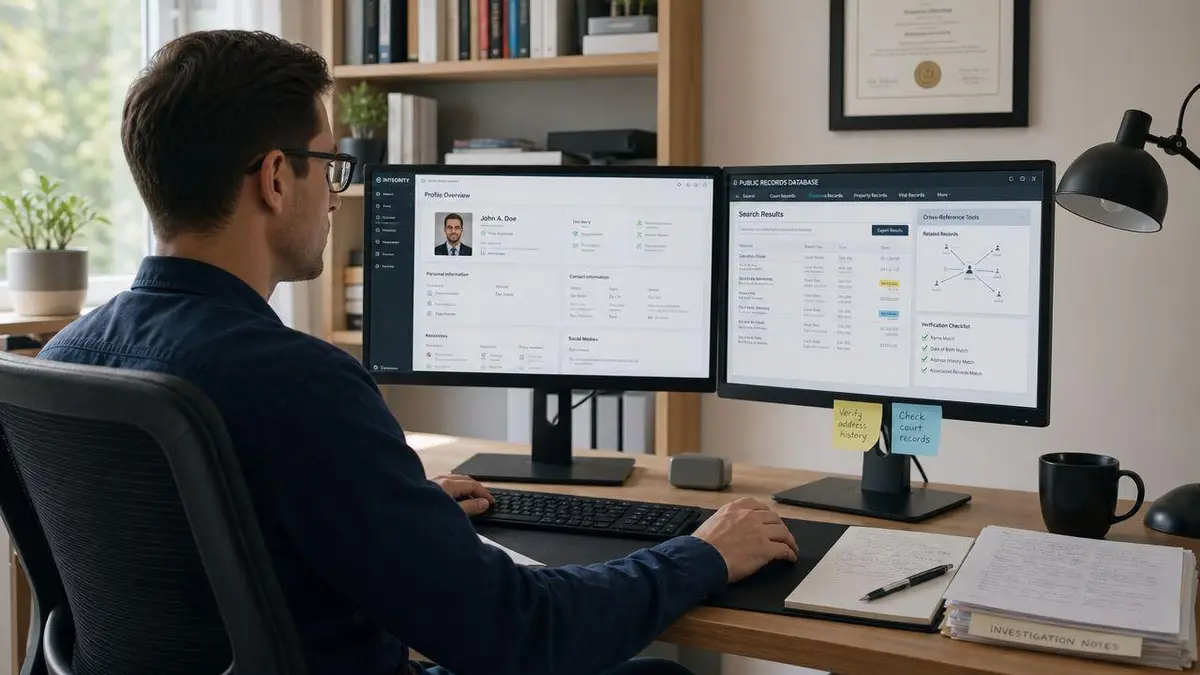 A professional man conducting an online background check using a dual monitor computer setup in his office.
