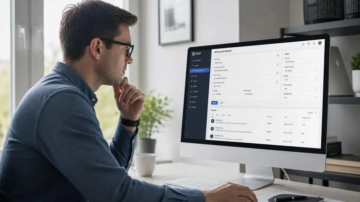 A man wearing glasses sitting at a computer desk searching for online data on an OSINT platform.