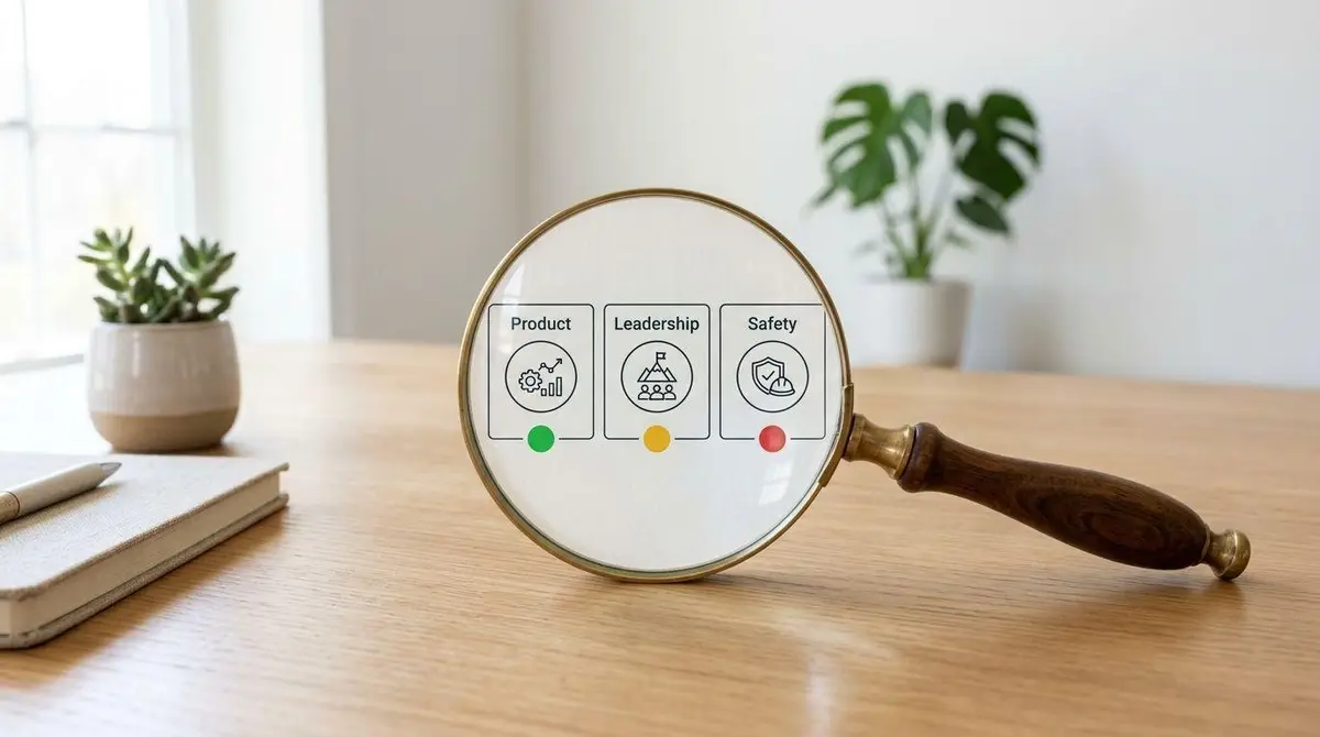 A magnifying glass focusing on three icons representing product performance, team leadership, and safety status.