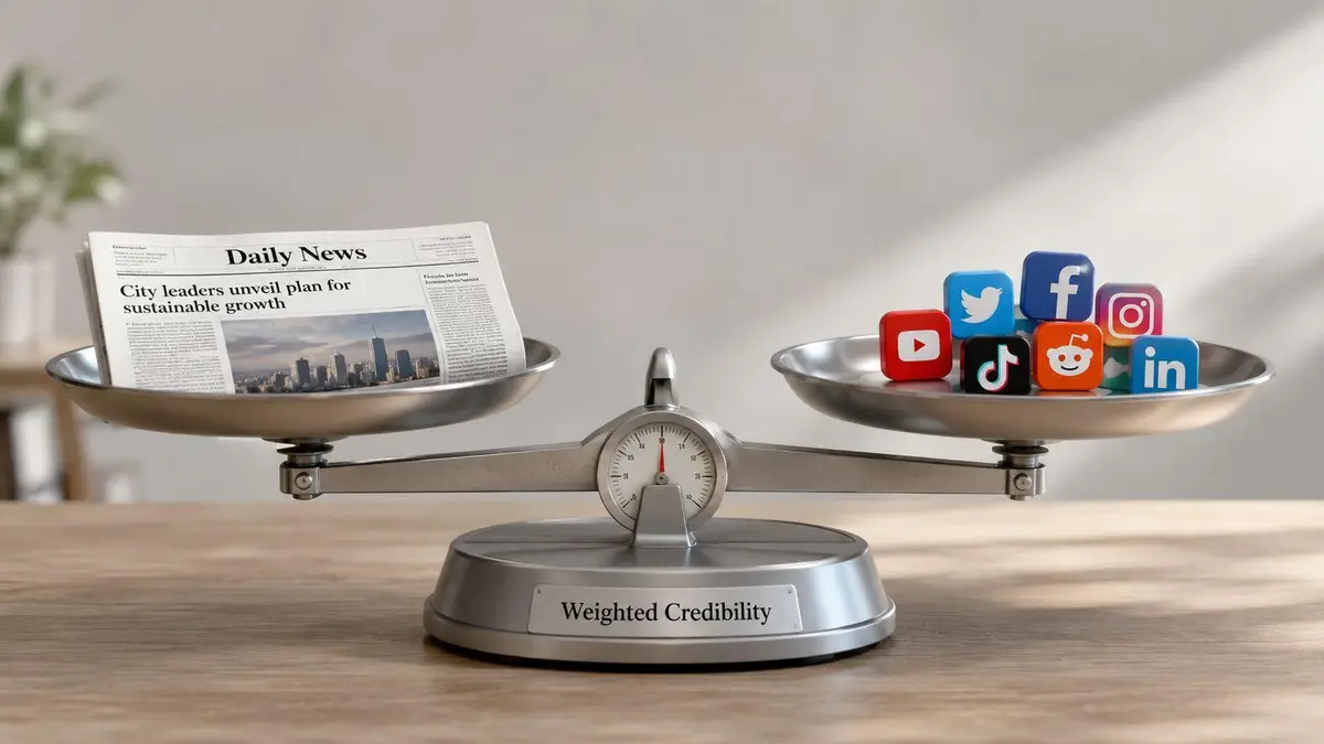 A conceptual scale weighing traditional newspaper journalism against various social media platform icons for credibility comparison.