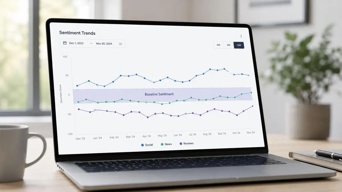 A laptop screen displaying a line graph showing sentiment analysis trends for social, news, and review data.