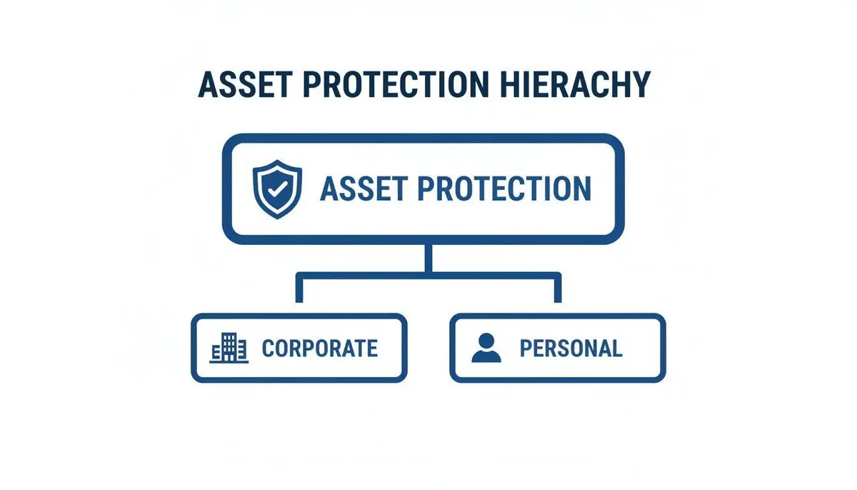A hierarchy chart illustrating Asset Protection split into Corporate and Personal categories, with descriptive icons.