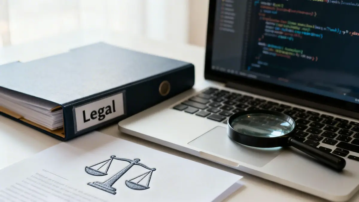 Desk setup with a 'Legal' binder, laptop displaying code, magnifying glass, and scales of justice document.