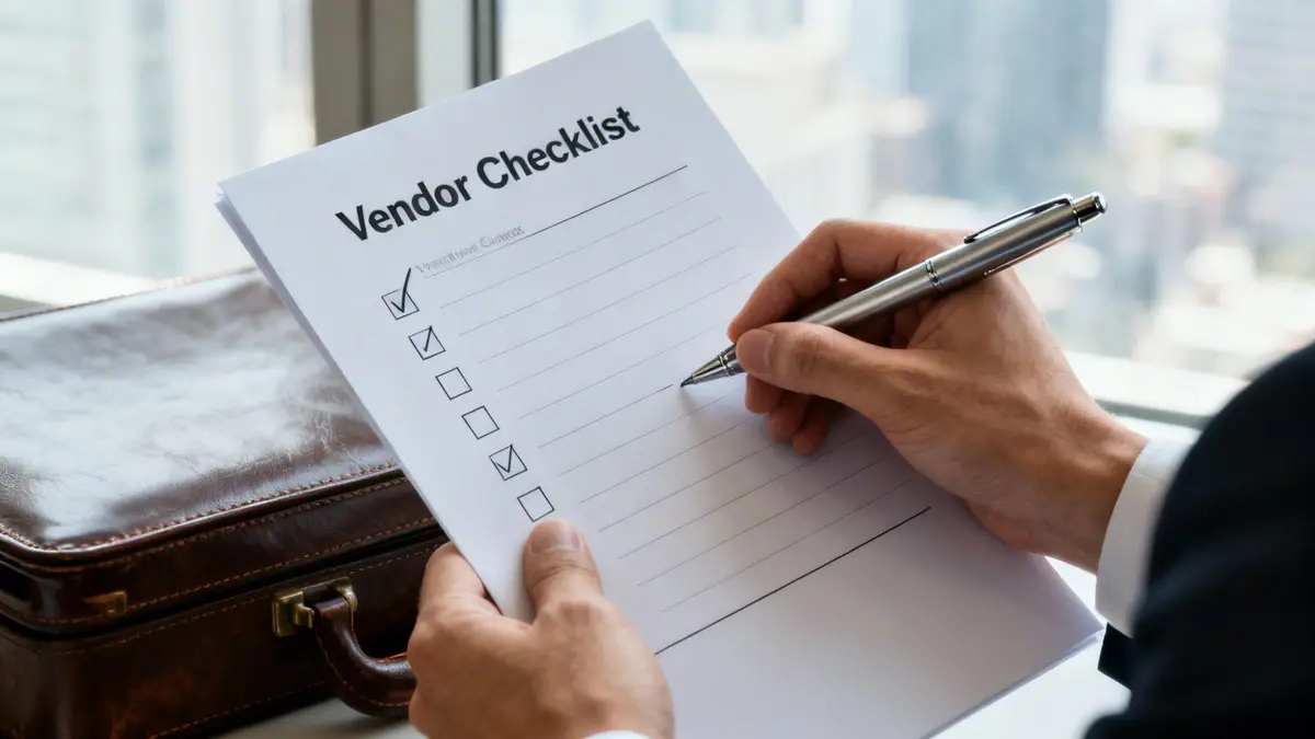 Close-up of a person's hands filling out a 'Vendor Checklist' with a pen, next to a briefcase.