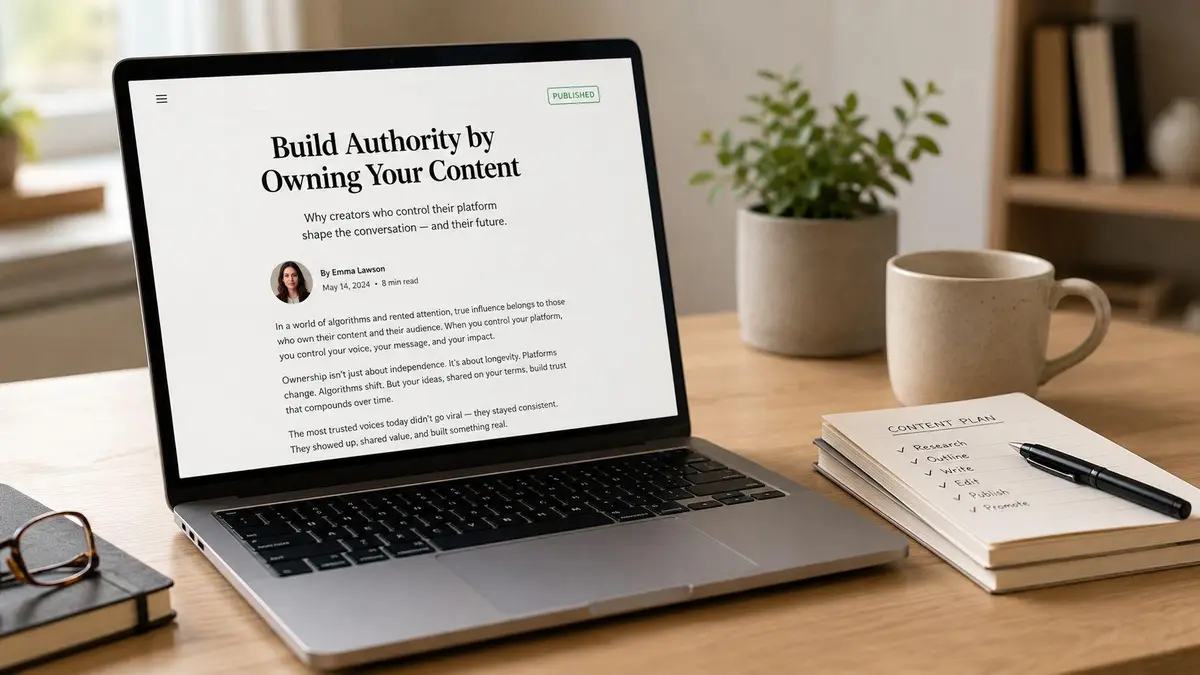 A laptop screen displaying an article about content ownership sitting on a wooden desk with a notebook.