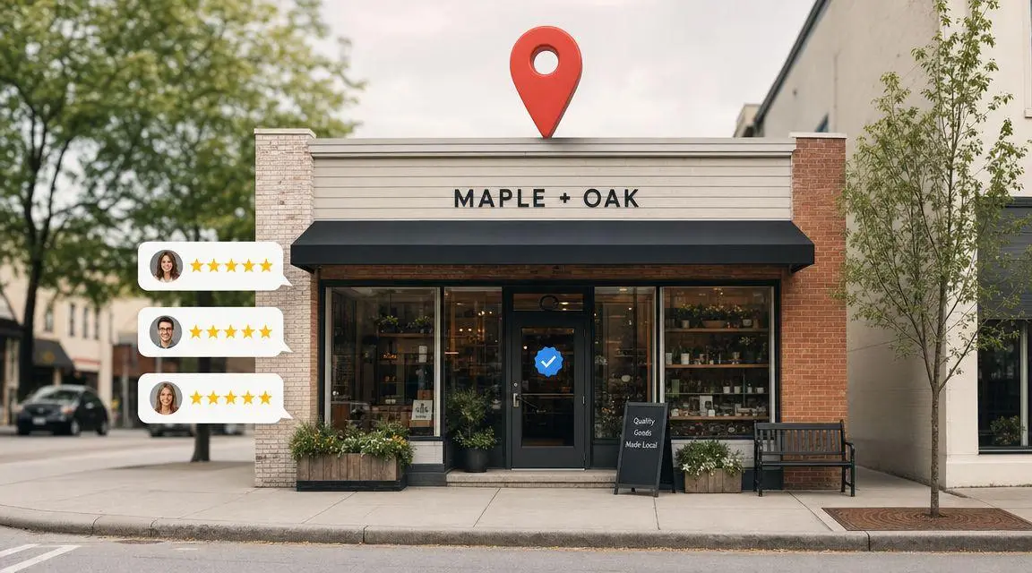 A local storefront named Maple + Oak with five-star reviews overlaid, showcasing a verified business profile.