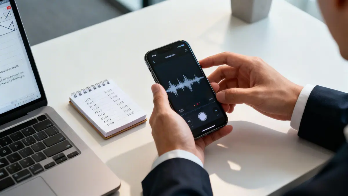 A person holds a smartphone displaying a sound wave, recording audio next to a laptop and notepad on a desk.