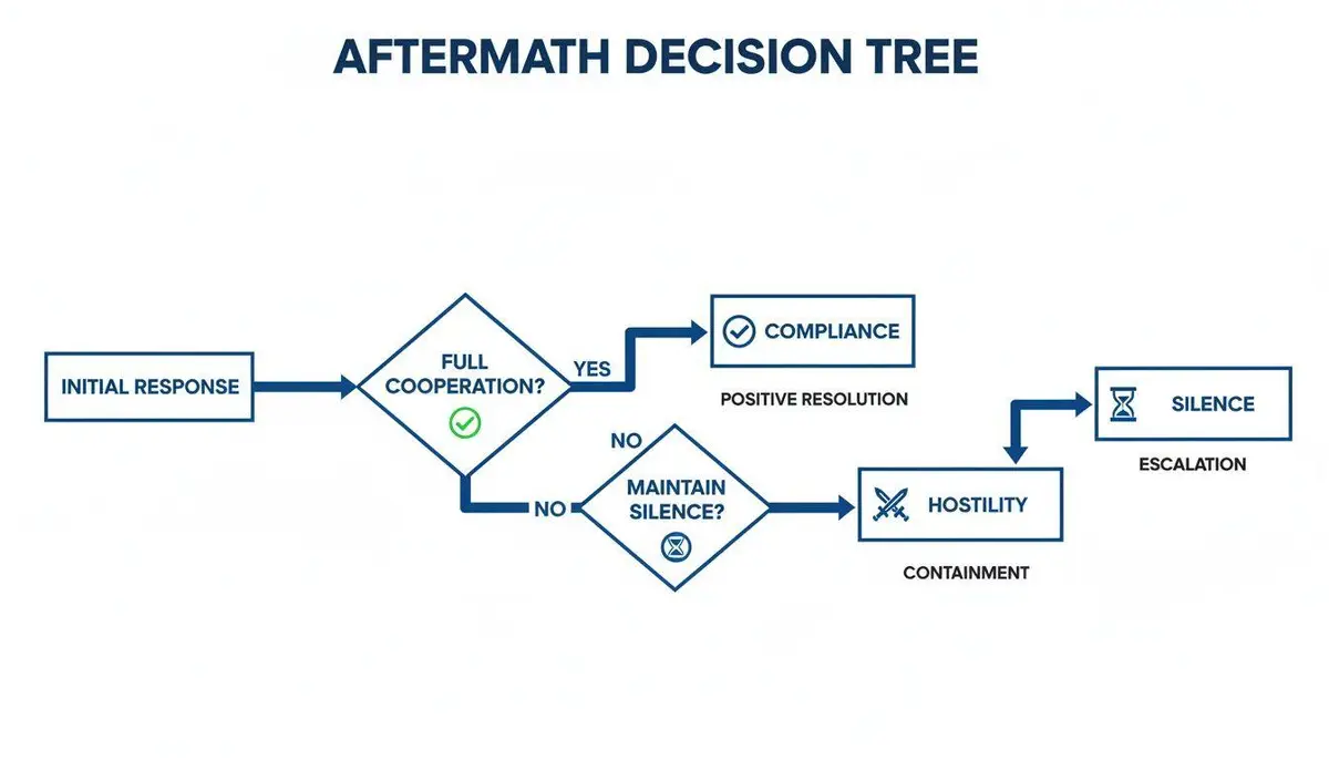 Flowchart outlining the Aftermath Decision Tree, detailing responses to cooperation or silence.