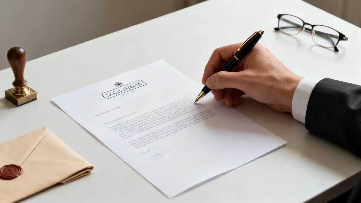 A person in a suit is signing a legal document on a white desk, with a wax-sealed envelope and stamp nearby.