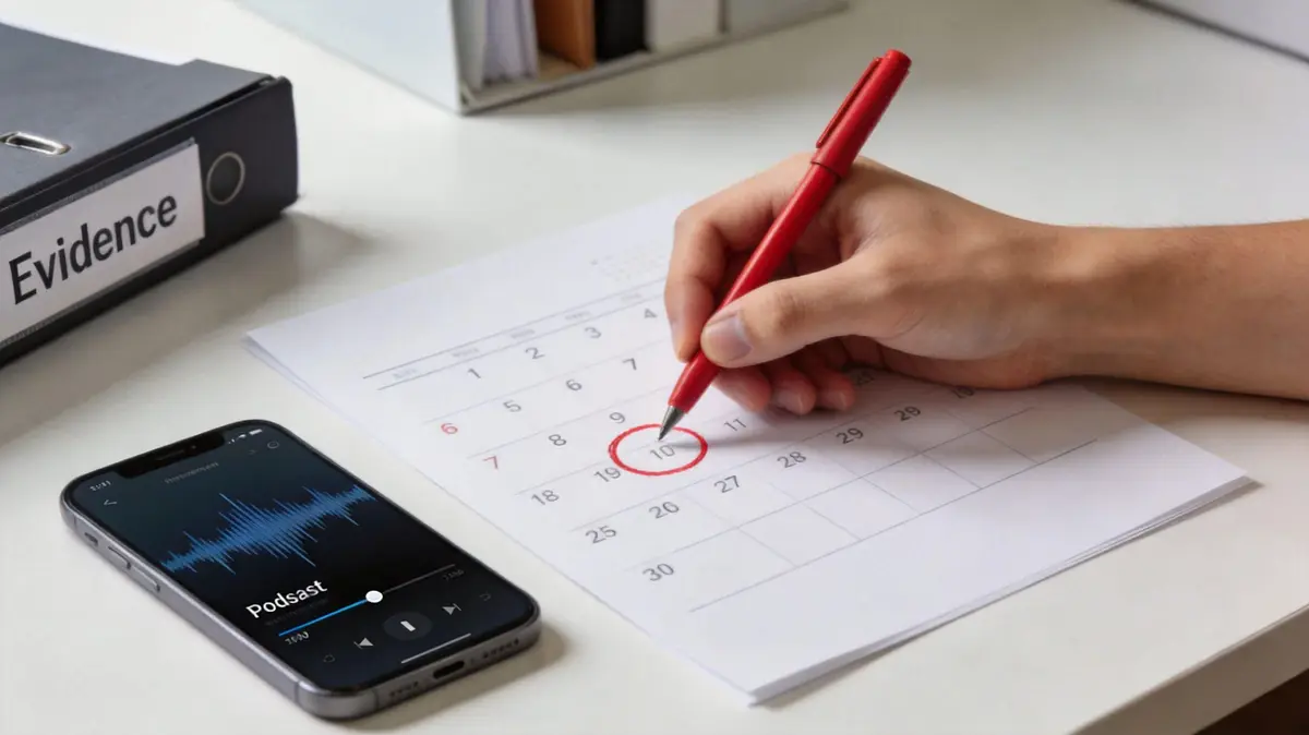 A hand uses a red pen to circle the tenth date on a calendar next to a phone.