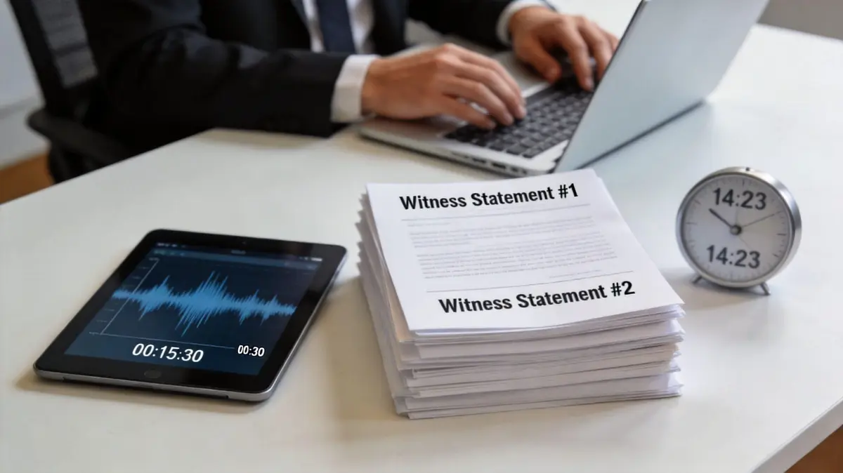 A professional analyzing legal documents and audio recordings at a desk to prepare for a court case.
