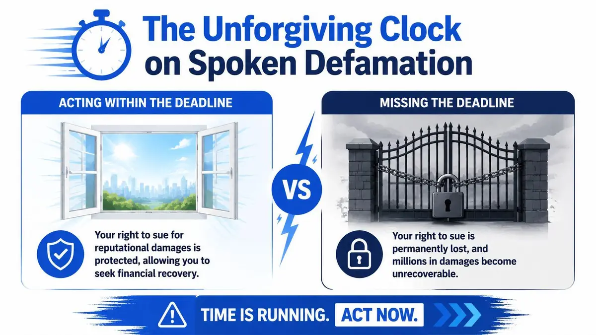 A visual comparison between acting within or missing the statute of limitations for spoken defamation lawsuits.
