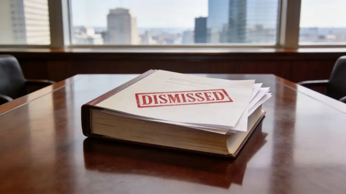 A stack of legal documents with a red DISMISSED stamp resting on a wooden office conference table.